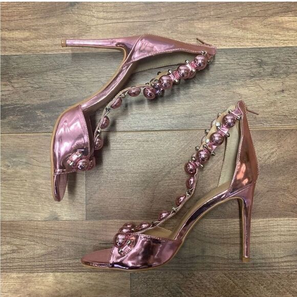 Pink Metallic Womens T Strap Studded High Heels NWOT - Picture 1 of 7